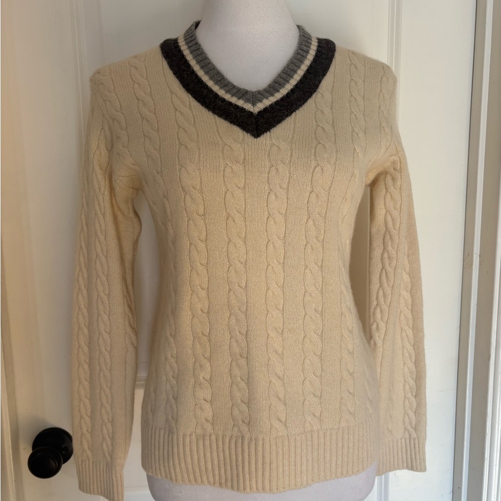 Cream Cable Knit Cricket Sweater | Preppy V-Neck Vintage Style